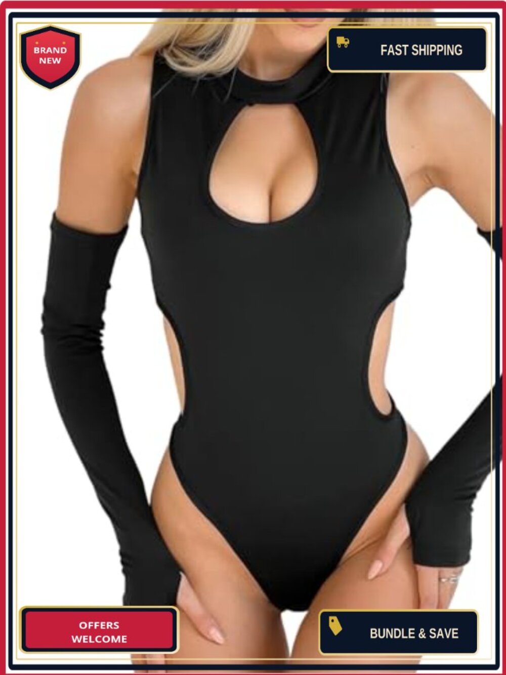 Women's Long Sleeve Mock Neck Hollow Out Bodysuit Y2k Streetwear Rave
